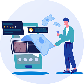 Illustration of a person standing beside a computer and cash machine, showing hidden or undisclosed commissions.