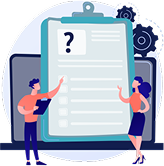 Illustration of two people in front of a giant contract clipboard with a question mark, symbolizing high-pressure car finance selling.