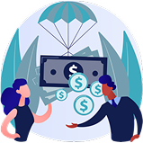 Illustration of two people holding parachutes and a money box with dollar signs, symbolizing inflated interest rates.