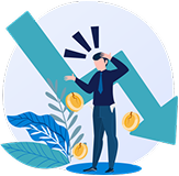 Illustration of a worried person under a large downward arrow with coins, representing misleading car finance sales tactics.